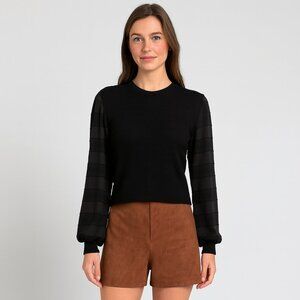Club Monaco Black Woven Sleeve Blouson Top XS – Chic Textured Minimalist Style